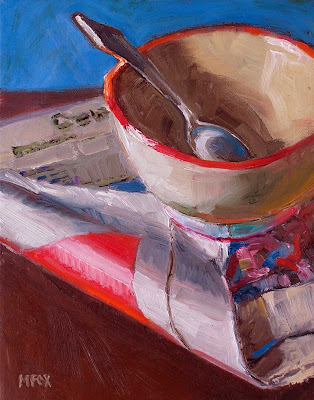 Cereal Bowl, Sterliing Silver Spoon & Newspaper: small painting still life kitchen art, home decor Marie Fox