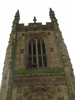 View of Derby Cathedral tower from the nave roof. Click to enlarge