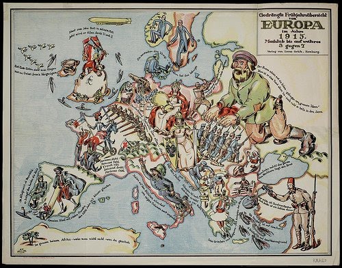 Карикатурная карта 1-ой мировой войны на европейском театре боевых действий