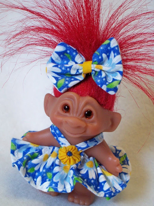 #T4 Retro Blue Daisy Troll Doll Dress and Hairbow