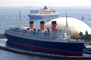 Queen Mary 2 visits the original Queen Mary (front) in Long Beach, USA.