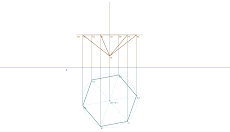 Representação diédrica de uma Pirâmide Hexagonal regular 1