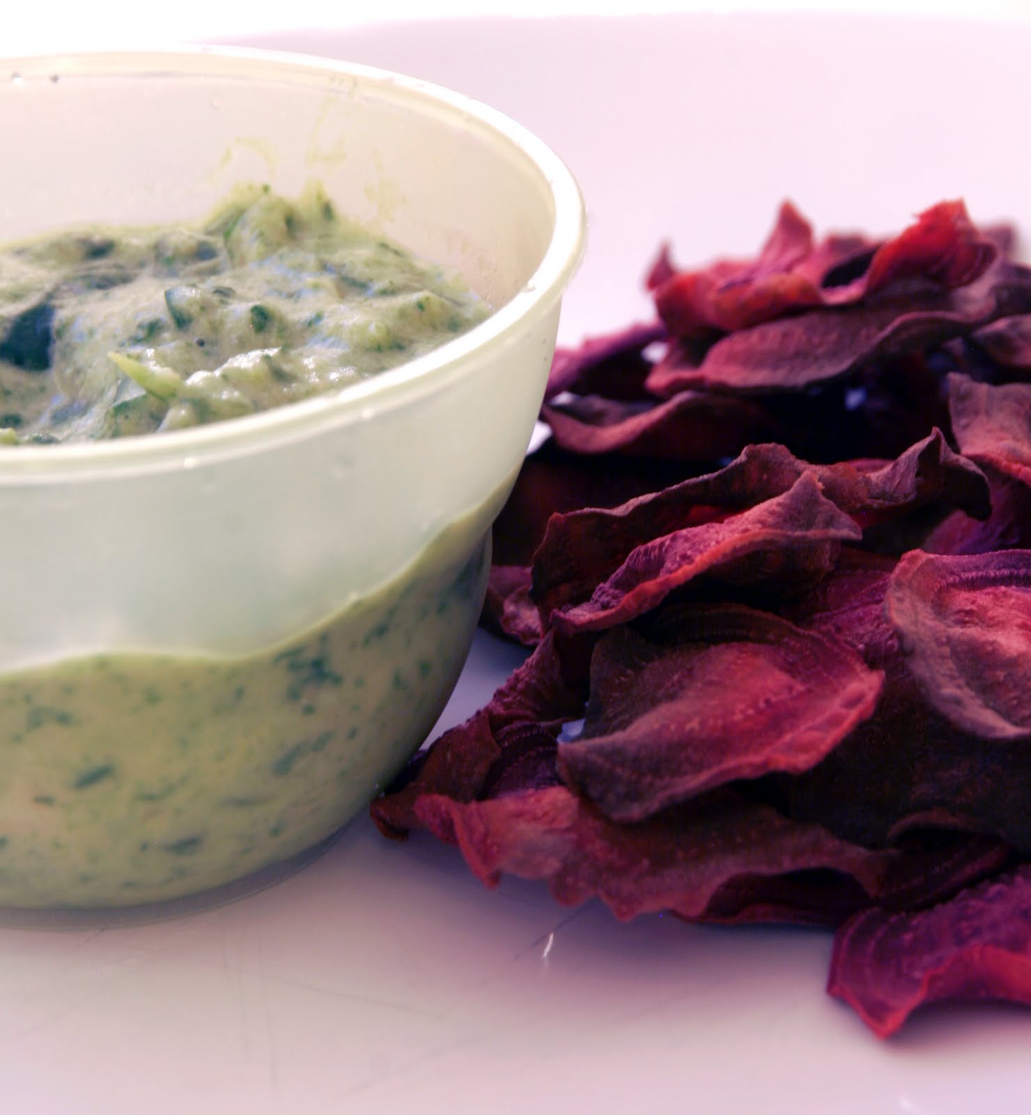 Dorky Cooking Beet chips with Spinach Artichoke Dip