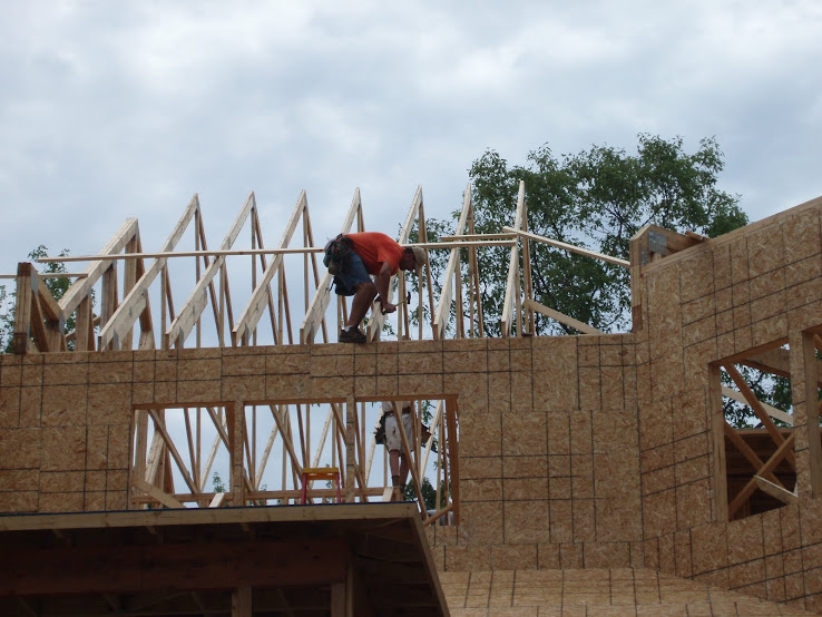 The roof trusses are put into place.