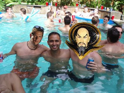 Mandarin enjoys a dip in the neighbor's swimming pool, for which the Czar owes an apology and a big check.