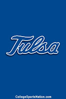 Light blue background with light blue word Tulsa. Contrast in letters and background with black and white trim.