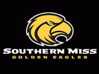 Southern Miss Golden Eagles text with eagle logo on black background.