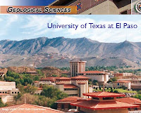 Campus rooftop buildings of Spanish architecture are in the foreground of mountains in the desert with teh words Geological Sciences University of Texas at El Paso written across the top in blue.