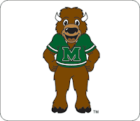 Friendly cartoon image of the brown Marshall University buffalo mascot standing on its hind legs wearing a green Marshall baseball shirt.