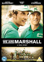 Movie poster for the film We Are Marshall featuring images of actors Matthew McConaughey and Matthew Fox above a picture of the football team huddled in a celebration.