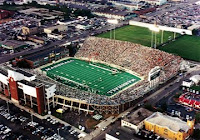 Aerial view of the Marshall University football stadium during a game.