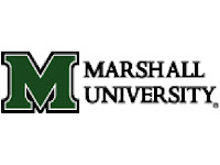 Marshall University black text with a trademark green logo M against a white background.