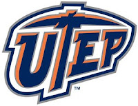 White background with blue letters UTEP with orange and white borders. Letter T is the shape of a miners pick axe.