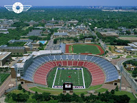 Aerial view of empty Southern Methodist University football field.