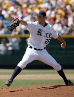 Rice baseball pitcher throws.
