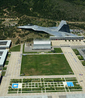 Fighter plane over AFA campus in Colorado.