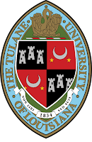 Red, black, white, and blue oval seal stating in gold letters stating The Tulane University of Louisiana.