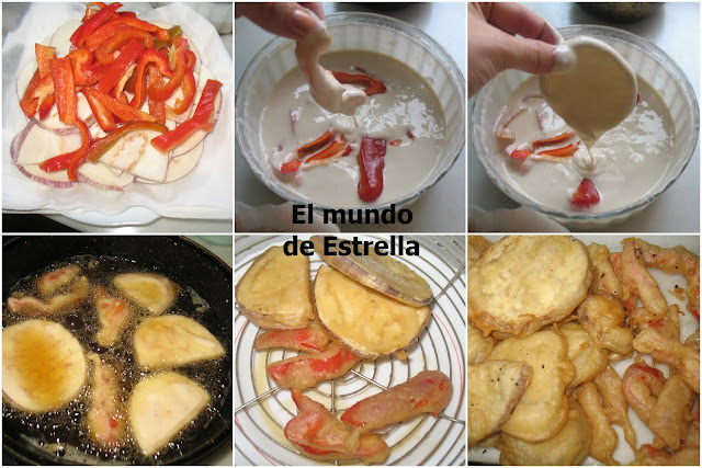Berenjenas y pimientos rojos en tempura Berenjenas y pimientos rojos en tempura