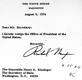 President Richard M. Nixon's letter of resignation. Secretary of State Henry Kissinger initialed the letter in the lower righthand corner. (AP Photo)