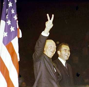President Dwight D. Eisenhower and Vice President Richard M. Nixon appear at the Republican convention in San Francisco in August 1956 after Eisenhower accepted the party's nomination for a second term. (AP Photo)