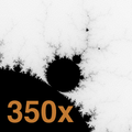 Aumento de 350 vezes do conjunto de Mandelbrot mostra os pequenos detalhes repetindo o conjunto inteiro.