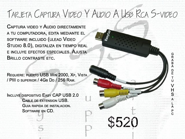 Tarjeta de Video de captura USB, graba de tu VHS, BETA, y/ camara con RCA y S-video
