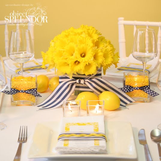 Lastly check out this cute yellow and blue centerpiece designed by Object 
