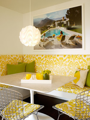 Kitchen Banquette Ideas on Yellow And White Breakfast Nook With Built In Banquette Seating With