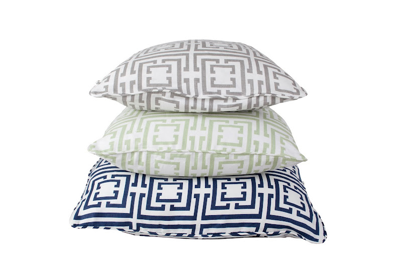 COCOCOZY Logo linen pillows in navy, grey and sage green.