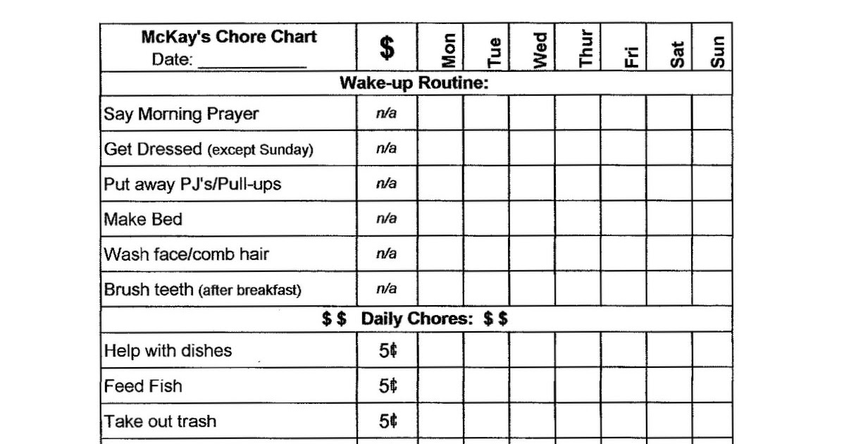 Dave Ramsey Chore Commission Chart
