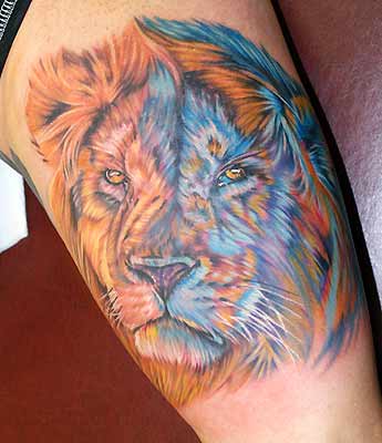 tattoos on head. lion head tattoos. tiger and