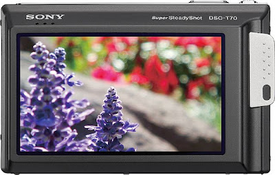 Câmera digital Sony Cyber-Shot DSC-T70 - vista traseira com imagem.