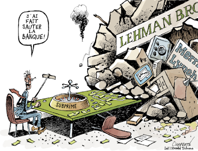dessin de Chappatte pour l'Int'l Herald Tribune, copyright Globe Cartoon obtenu chute de Lehman Bros