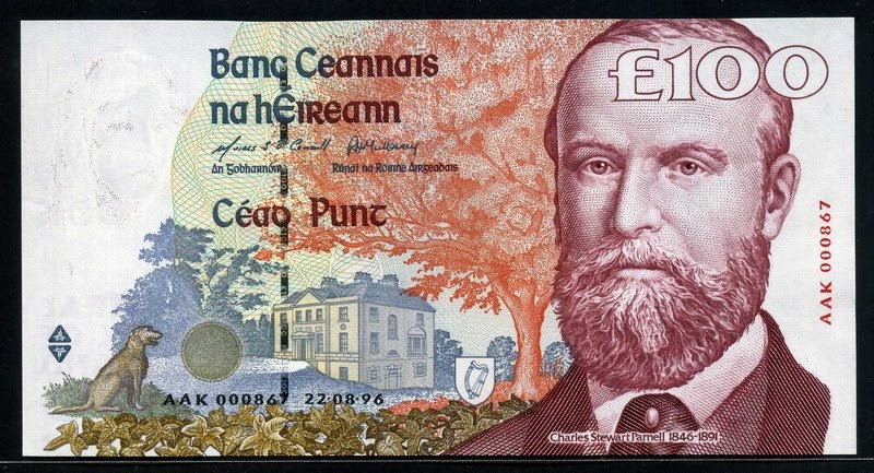 Irish banknotes £100 Irish Pounds banknote, Charles Stewart Parnell