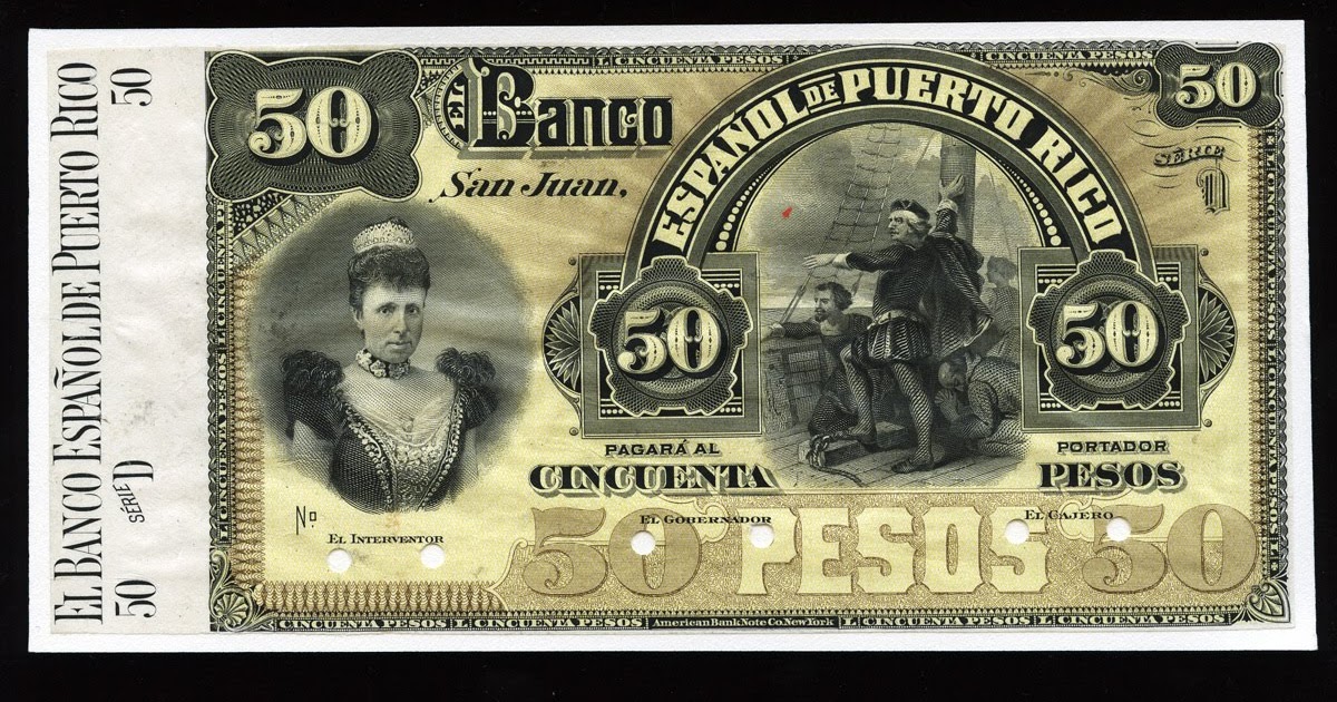 Banknotes of Puerto Rico 50 Pesos banknote of 1894 Banco Español de