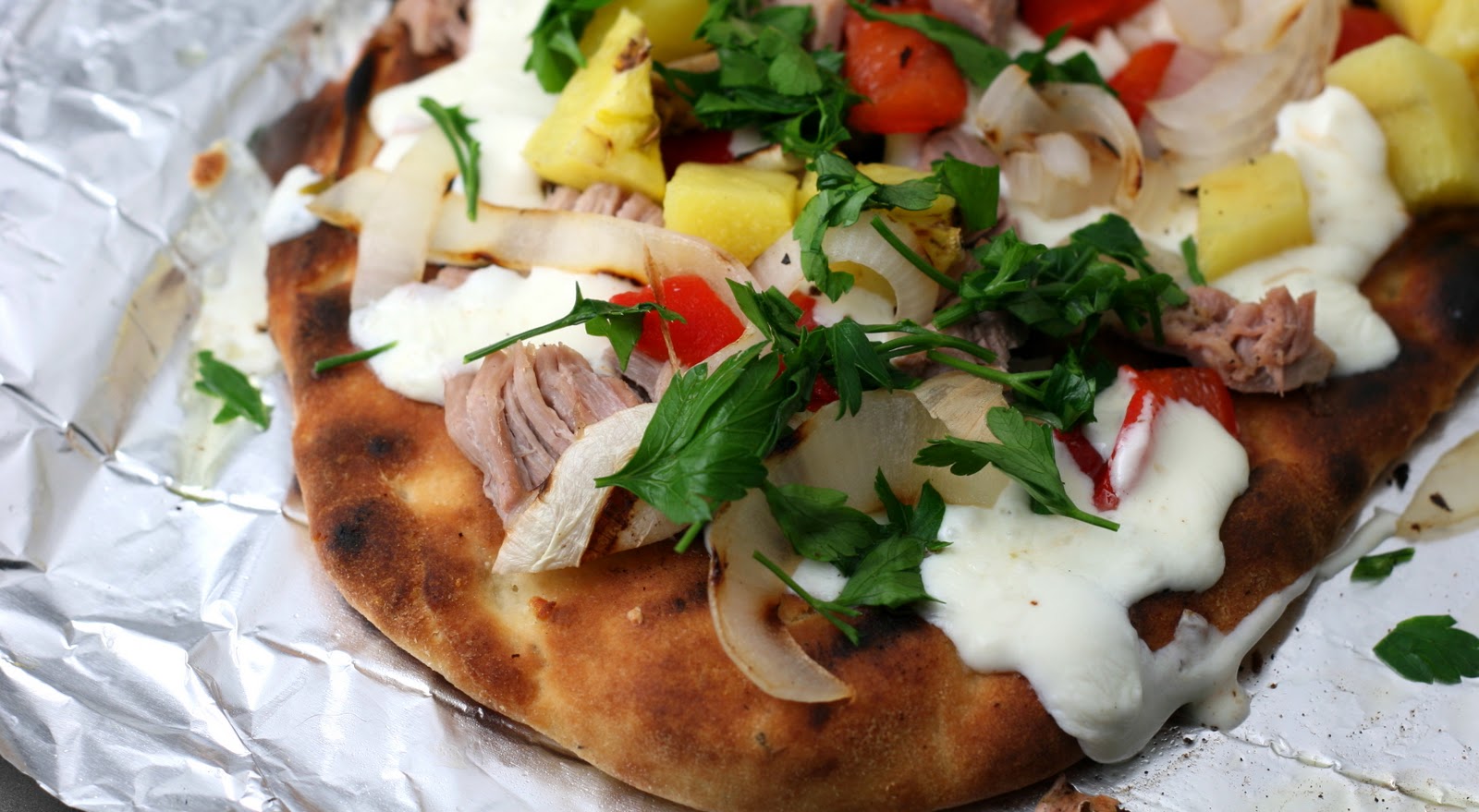 Grilled Garlic Naan Pizza with Mojo Pork and Grilled Pineapple