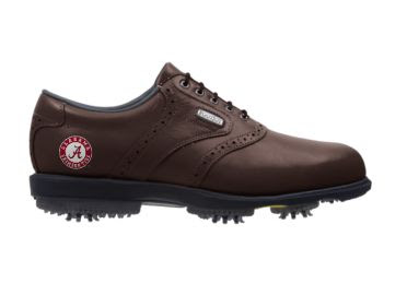 Crimson Tide golf shoe that is completely brown except for the U of A logo that is red and white on the back portion of the piece of footwear.