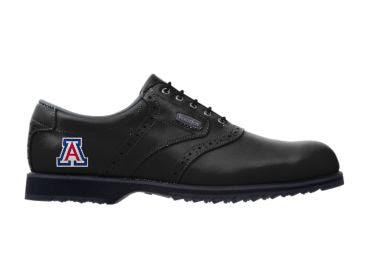 Black Zona Wildcats right golf shoe with black laces and a black sole and a red, white, and blue University of Arizona logo.