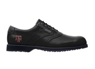 Black Aggies golf shoe with A&M logo on the back part of this athletic design.