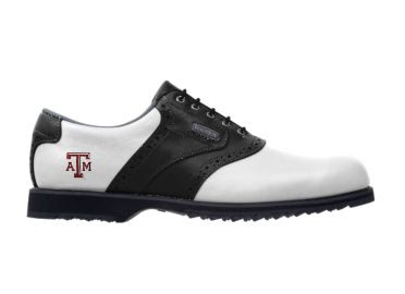 Texas Aggies golf shoe that is white and black with a small college logo near the heel that is below the padded ankle area and next to the arch support area.