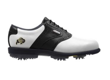 University of CO golf shoes that are black and white with a small school logo on this Footjoy male shoe size 10.