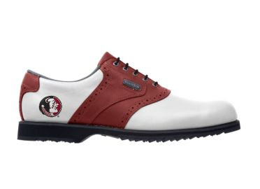 Red FSU golf shoe that has Chief Osceola logo on the heel of this Noles lady's shoe with Footjoy logo and black shoelaces.
