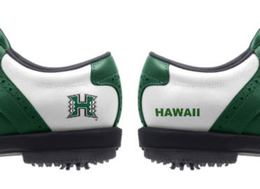 University of Hawaii golf shoes with Hawaii Warriors logo and the word HAWAII written in green on white background of this ladies shoe.