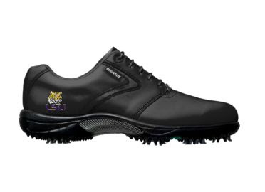 Black LSU Tigers golf shoe with logo on the side of men's size 10 dark Footjoy shoe with traditional classic design.