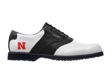 UN Cornhuskers golf shoe that is traditional design with white exterior and black trim with red school logo on the side above plastic cleats on men's size 9.