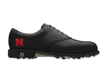 Black Nebraska Cornhuskers golf shoe with red letter N logo on the side of this Men's size 10 Footjoy product with black shoelaces and a black tongue.