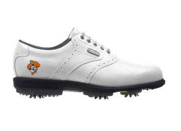 White Oklahoma State Cowboys golf shoe with black golf spikes and a classic style design that is a white Footjoy product.