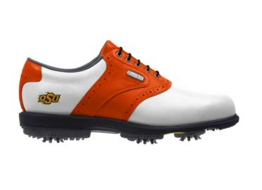 Orange OK State Cowboys golf shoes with soft spikes and white toe area and orange heel area.