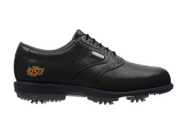 Black OSU Cowboys golf shoe with plastic spikes in a men's size 11 with a Footjoy logo, black tongue, and black shoelaces.