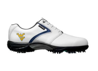 Mountaineers golf shoe that is white with blue trim and a gold WVU logo on the back near the heel of this athletic looking piece of golf footwear.